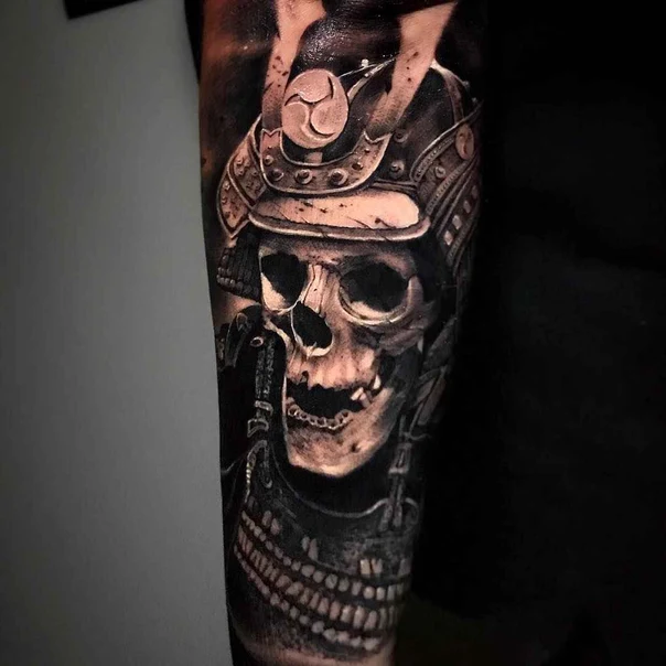 Black & Grey Skull, Samurai tattoo on Forearm
