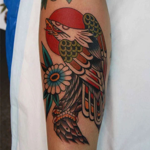 Traditional Eagle, Flower tattoo on Calf