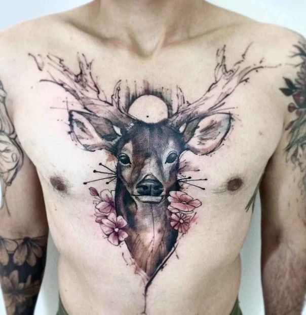 Watercolor Deer, Flowers tattoo on Chest