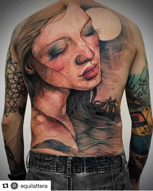 Watercolor Face, Ship tattoo on Full Back