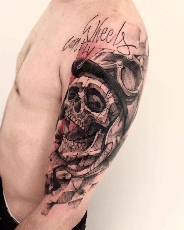 Sketch Skull, Lettering tattoo on Full Sleeve