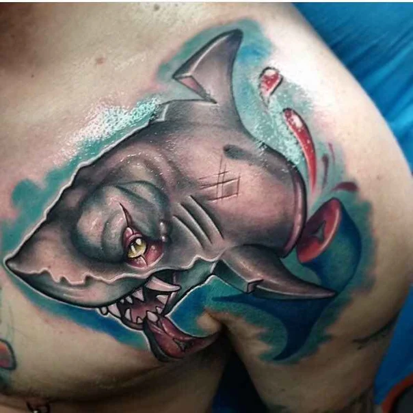 New School Shark tattoo on Chest