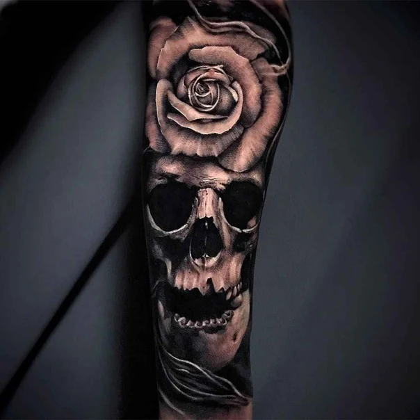 Realism Skull, Rose tattoo on Forearm