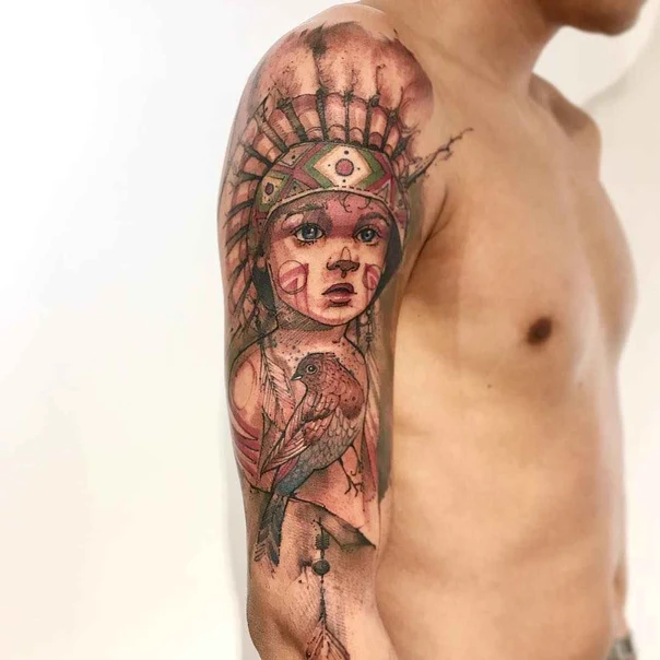 Illustrative Portrait, Bird tattoo on Full Sleeve