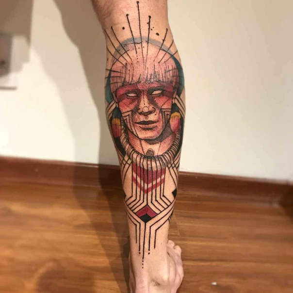 Geometric Face, Geometric tattoo on Calf