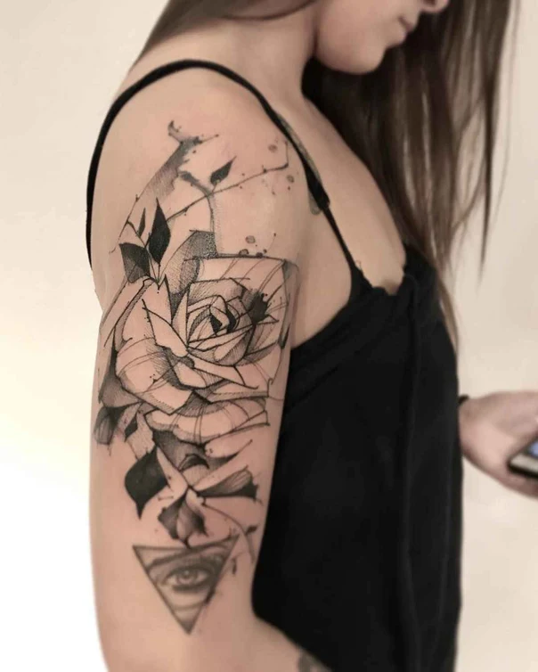 Sketch Rose, Eye tattoo on Upper Arm