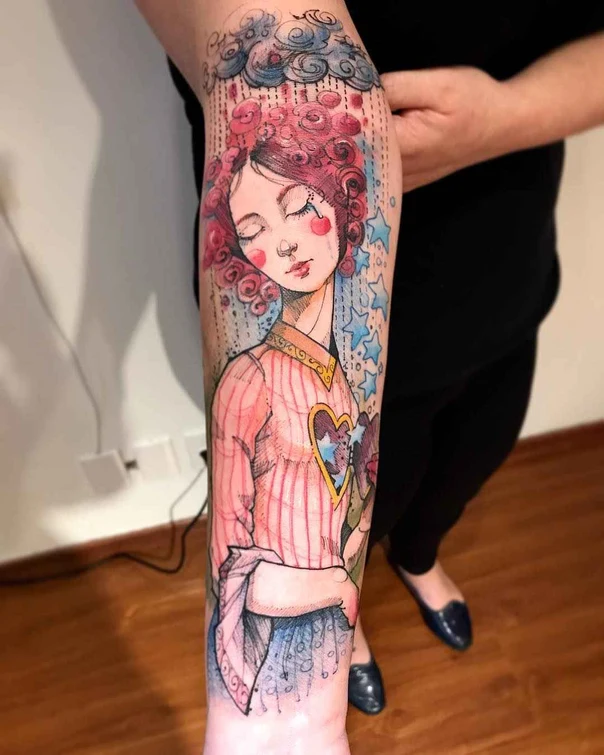 Illustrative Portrait, Cloud tattoo on Forearm