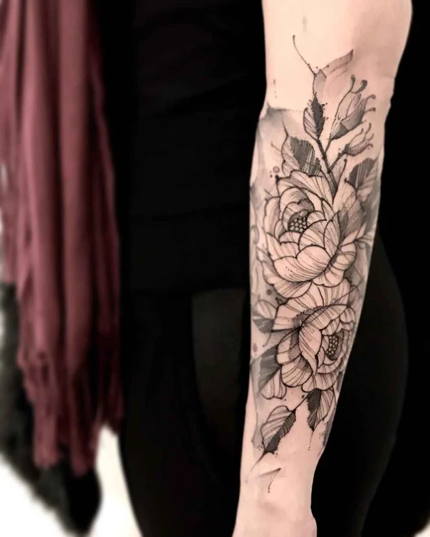 Botanic Flowers, Leaves tattoo on Forearm