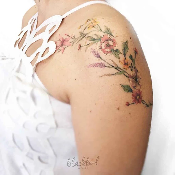 Botanic Flowers, Leaves tattoo on Shoulder