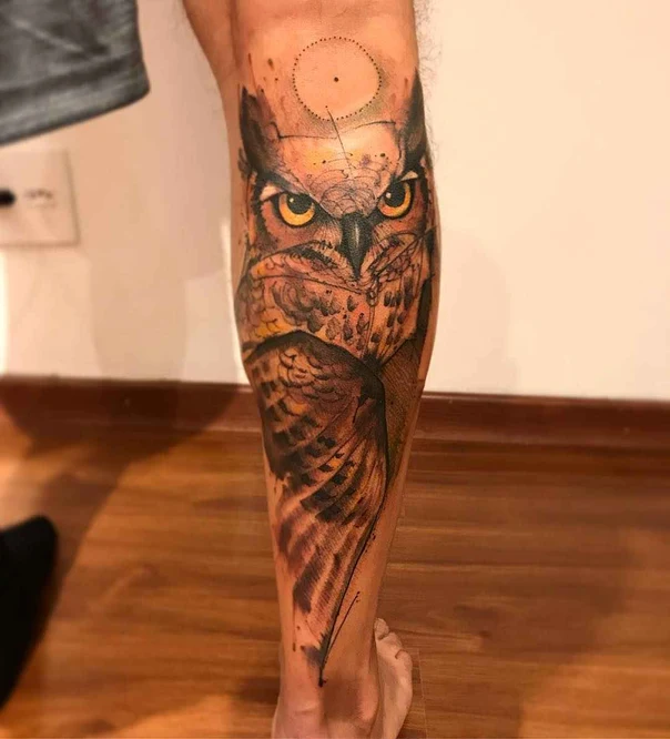 Illustrative Owl tattoo on Calf