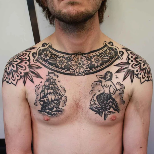 Traditional Ship, Mermaid tattoo on Chest