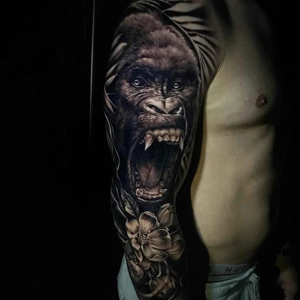 Realism Gorilla, Flowers tattoo on Full Sleeve