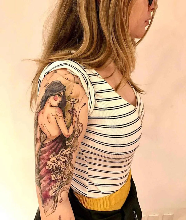 Illustrative Woman, Flowers tattoo on Upper Arm