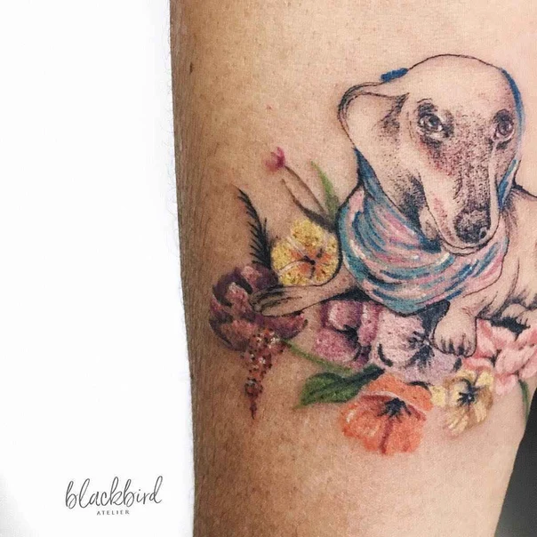 Illustrative Dog, Flowers tattoo on Forearm