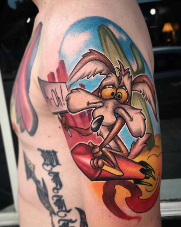 Cartoon Wile e coyote, Cartoon tattoo on Shoulder