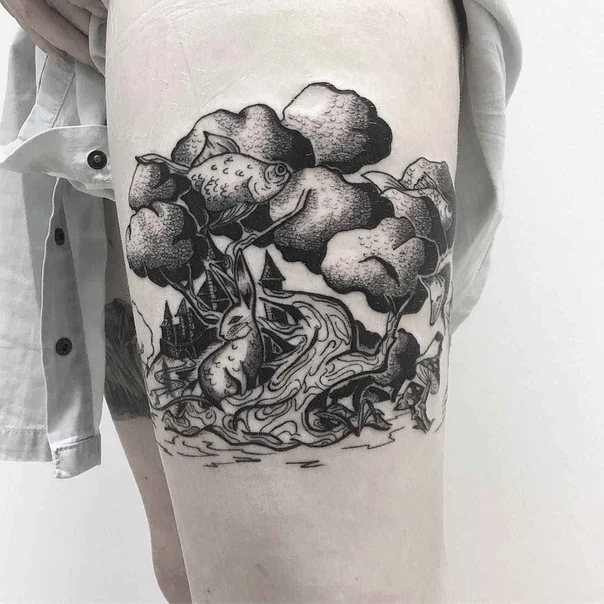 Блэкворк Rabbit, Fish tattoo на Thigh