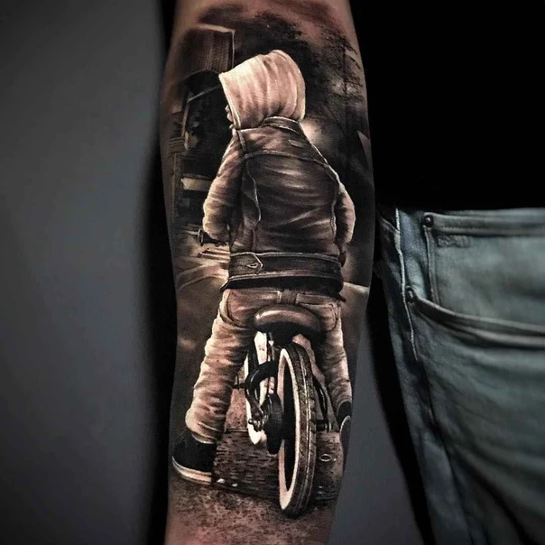 Realism Child, Motorcycle tattoo on Forearm