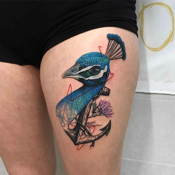 Illustrative Peacock, Anchor tattoo on Thigh