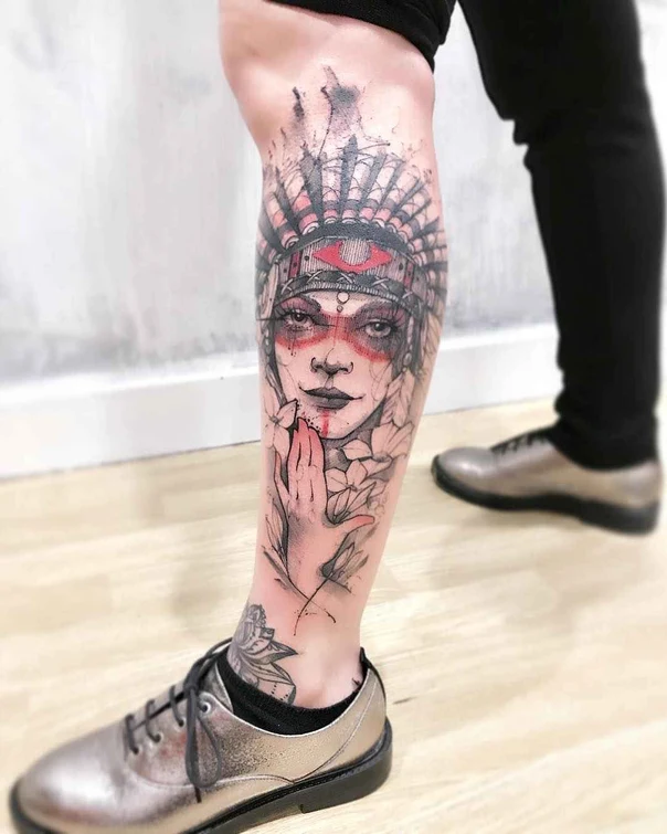 Illustrative Portrait, Native american tattoo on Calf