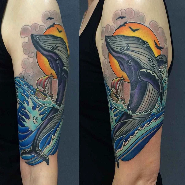 Японская Whale, Ocean tattoo на Полный рукав