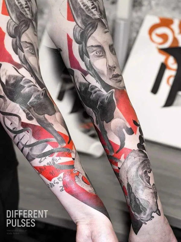 color illustrative татуировка на full sleeve #12043 | Тату мастер Денис FREEZING Москалев