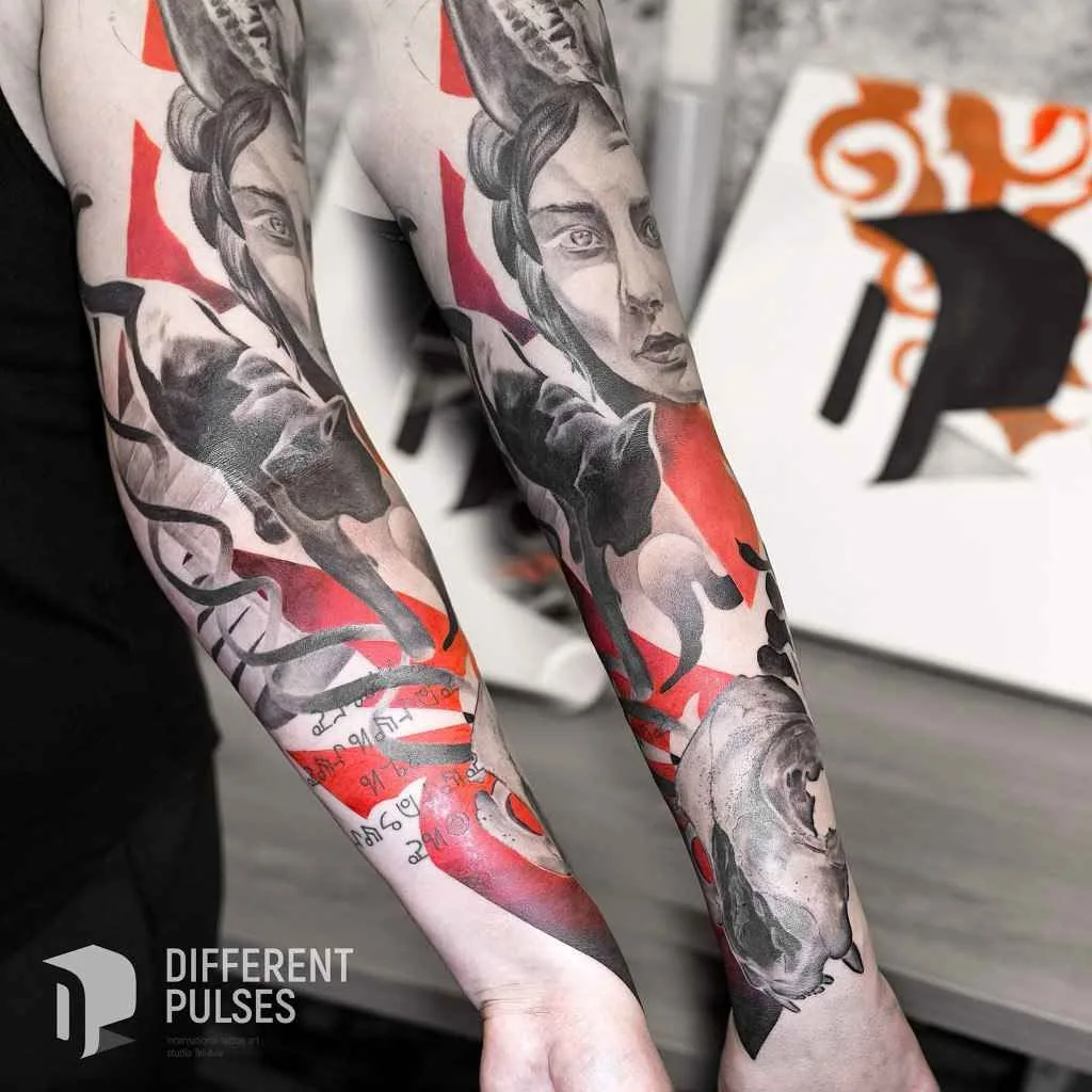 Tatuista Denis FREEZING Moskalev, tatuaggio a colori trash polka dotwork | Tattoo artist Denis FREEZING Moskalev, tatuaggio a colori trash polka dotwork