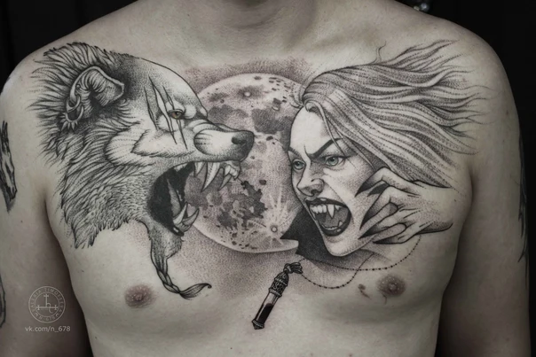 Блэкворк Wolf, Vampire tattoo на Грудь
