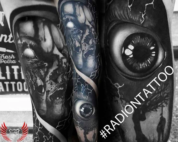 Чёрно-серая Eye, Surreal tattoo на Полный рукав