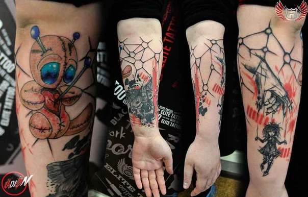 Иллюстративная Voodoo doll, Butterfly tattoo на Полный рукав