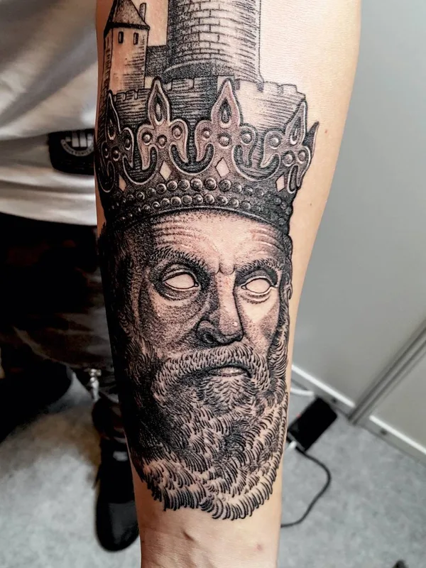 black and grey engraving 纹身 在 forearm #22729 | 纹身师 Marcin Pawlus