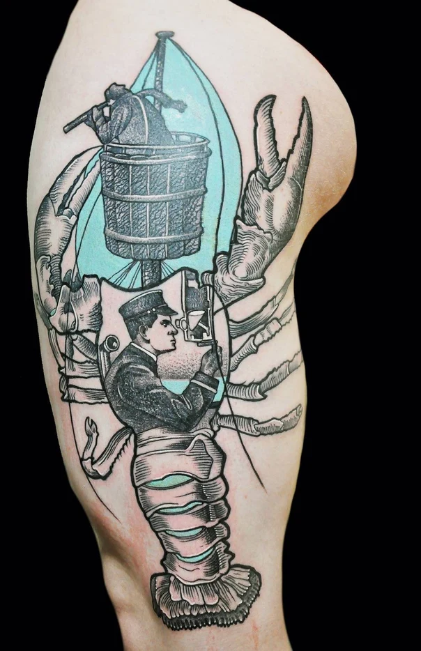 Engraving Lobster, Man tattoo on Thigh