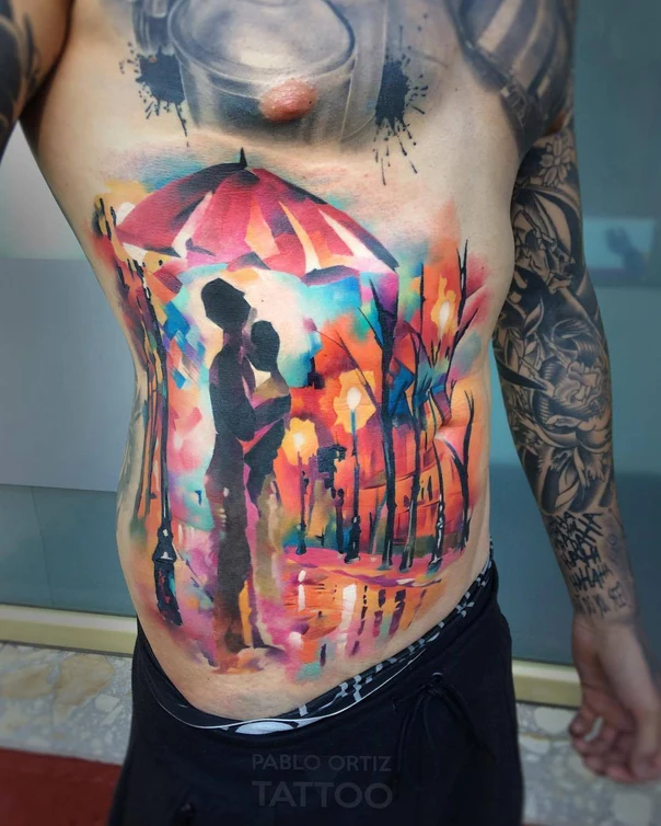 Watercolor Couple, Umbrella tattoo on Stomach
