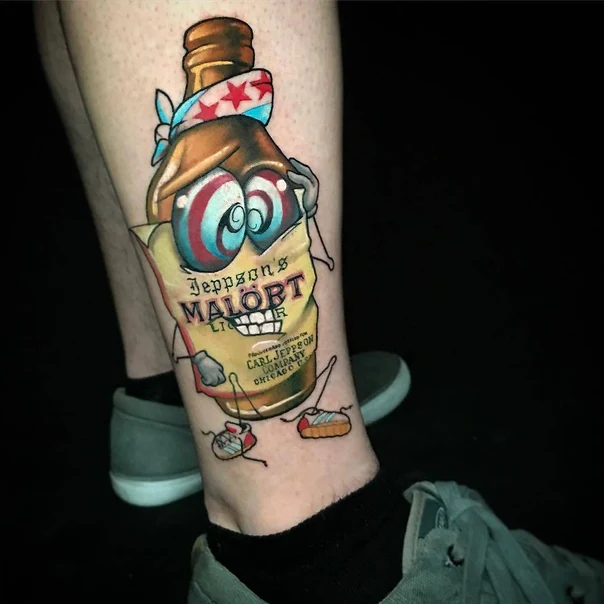 New School Bottle, Character tattoo on Calf