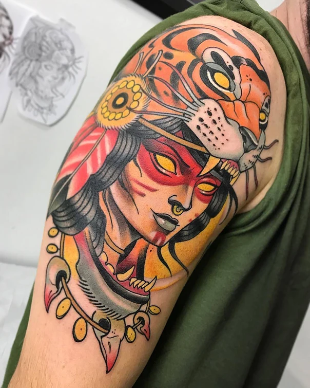 Neo Traditional Tiger, Woman tattoo on Upper Arm