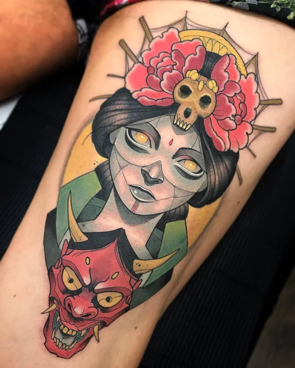 Japanese Geisha, Skull tattoo on Thigh