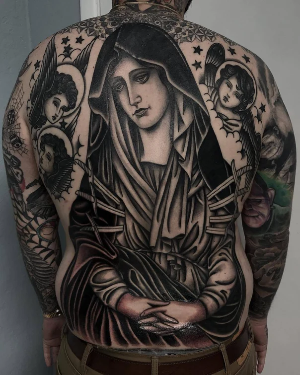 Black & Grey Religious, Angel tattoo on Full Back