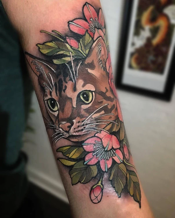 Illustrative Cat, Flowers tattoo on Forearm