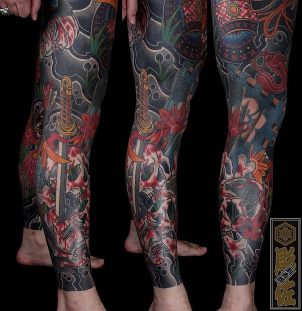 Japanese Skull, Sword tattoo on Full leg