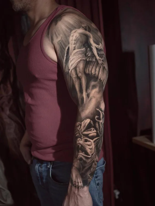 male black and grey realism Tatuaggio su full sleeve #23360 | Tatuatore Darwin Enriquez