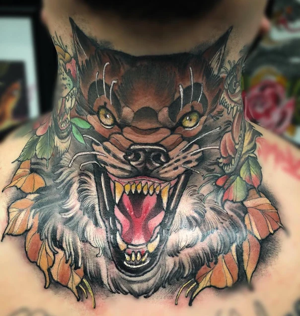 Neo Traditional Wolf, Leaves tattoo on Neck