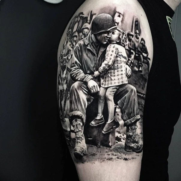 Realism Soldier, Child tattoo on Upper Arm