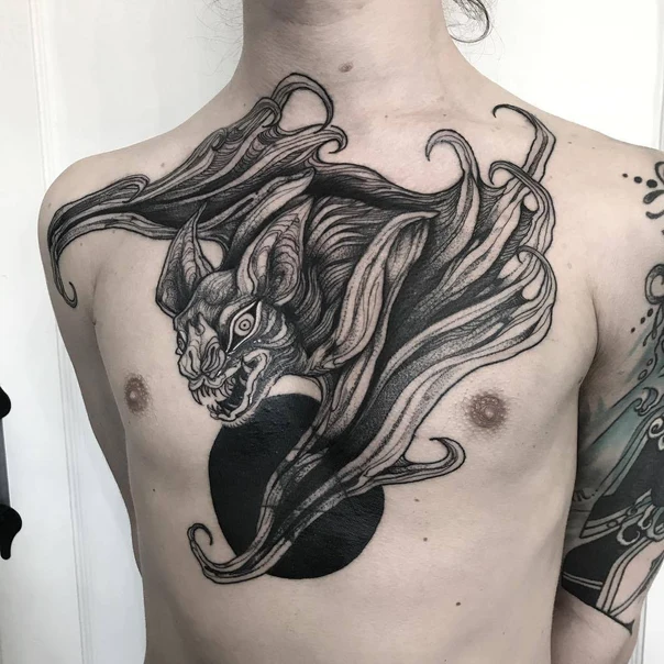 Blackwork Bat, Abstract tattoo on Chest