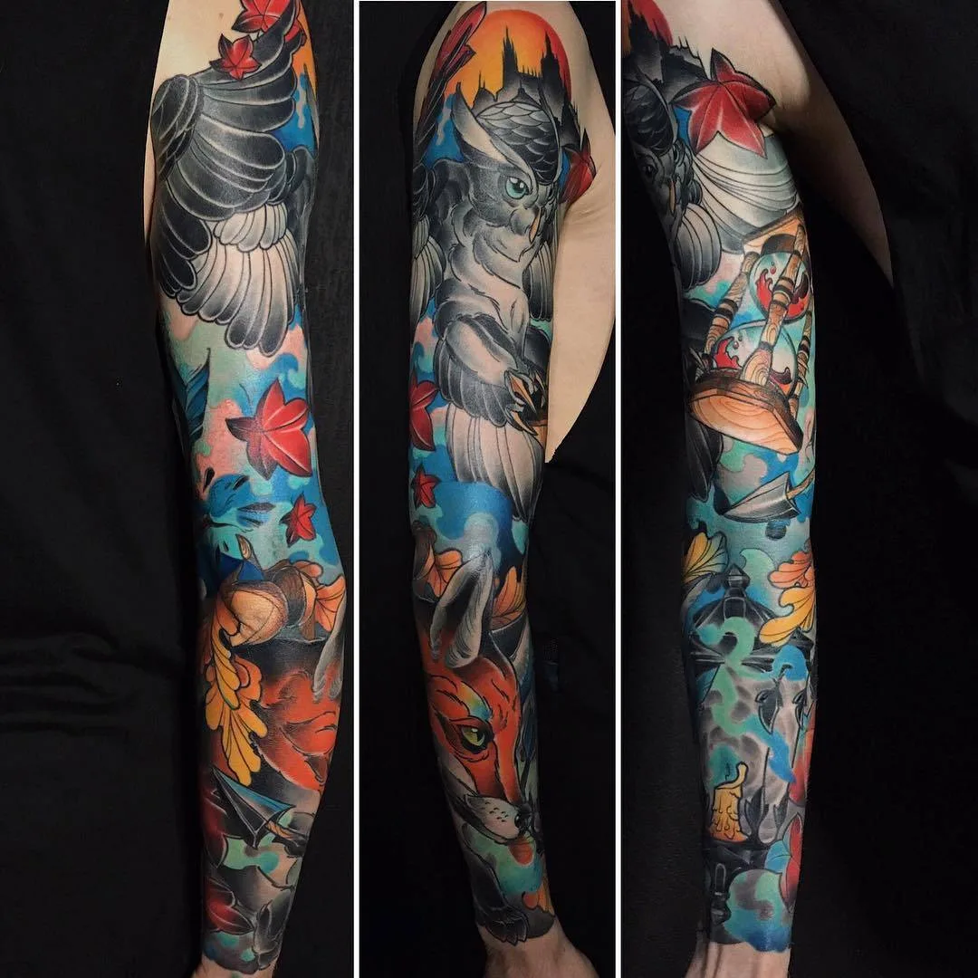 Artista de tatuagem Sasha Akulov, tatuagem colorida neo tradicional, nova escola | Rússia