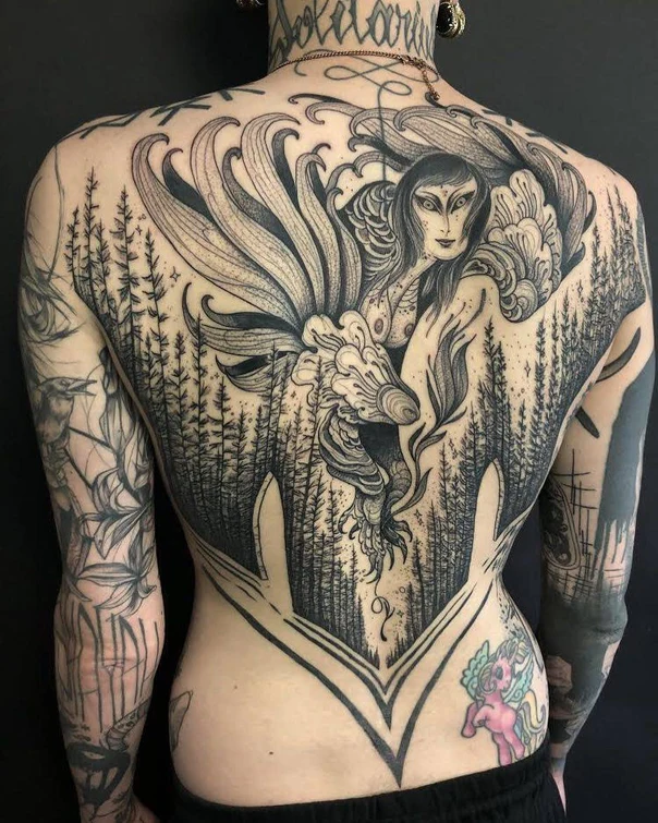 Blackwork Fantasy, Forest tattoo on Full Back