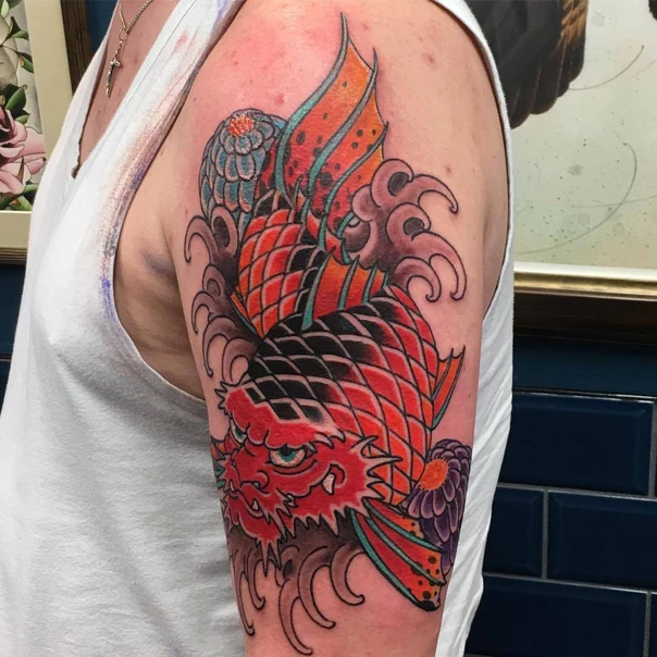 Japanese Koi, Waves tattoo on Upper Arm