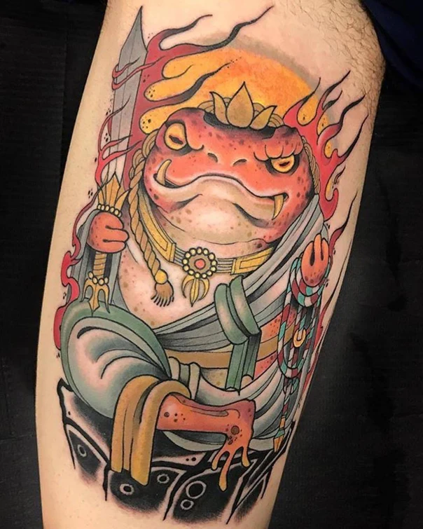 Japanese Frog, Sword tattoo on Thigh