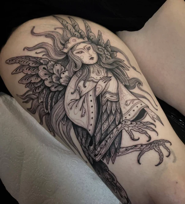 Illustrative Angel, Wings tattoo on Thigh