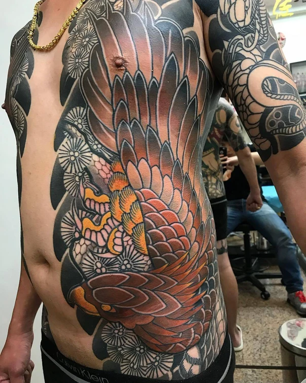 Japanese Bird, Floral tattoo on Chest