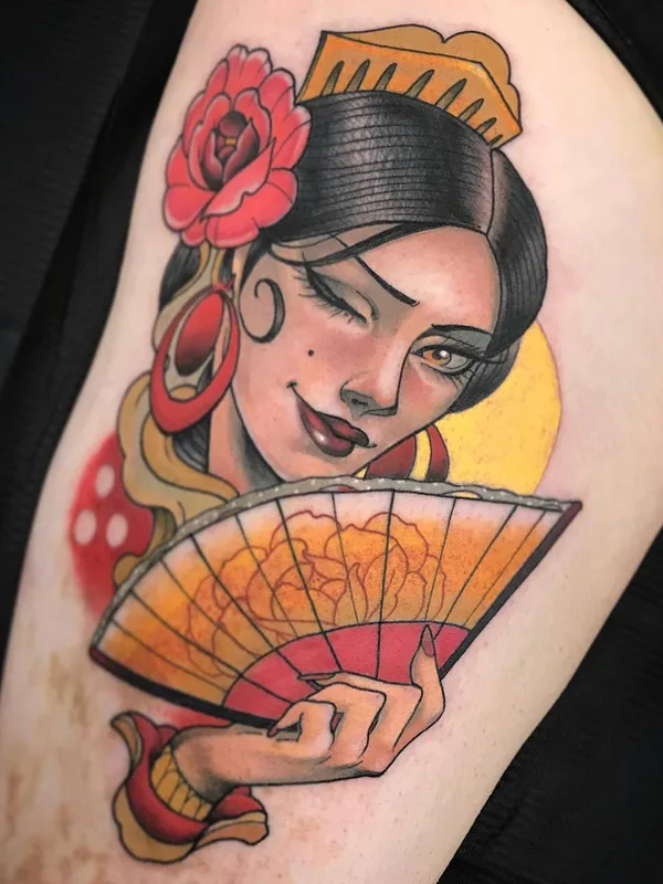 female color neo traditional tattoo on thigh #23699 | Tattoo Artist Guindero