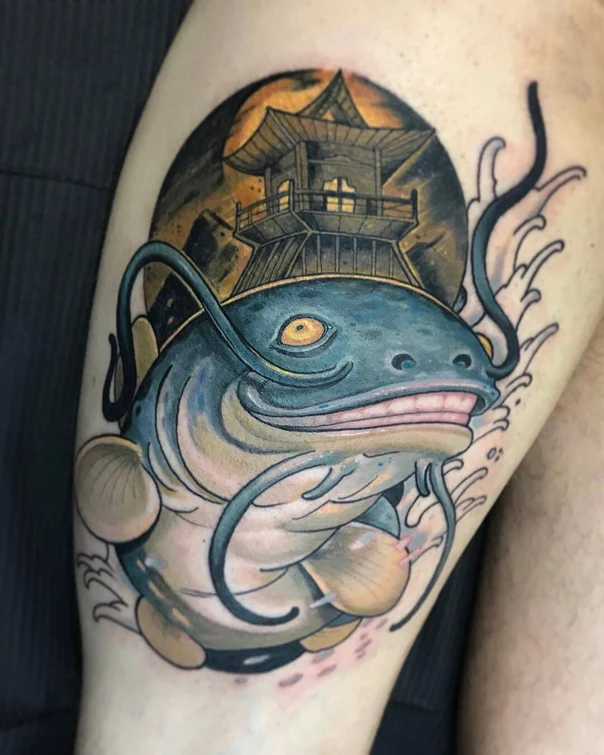 Japanese Fish, Pagoda tattoo on Thigh